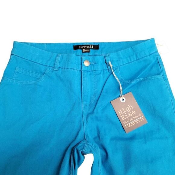 Jeans NEW! Forever 21 Turquoise Colored Denim High Rise Lightweight Straight NEW - Picture 5 of 11
